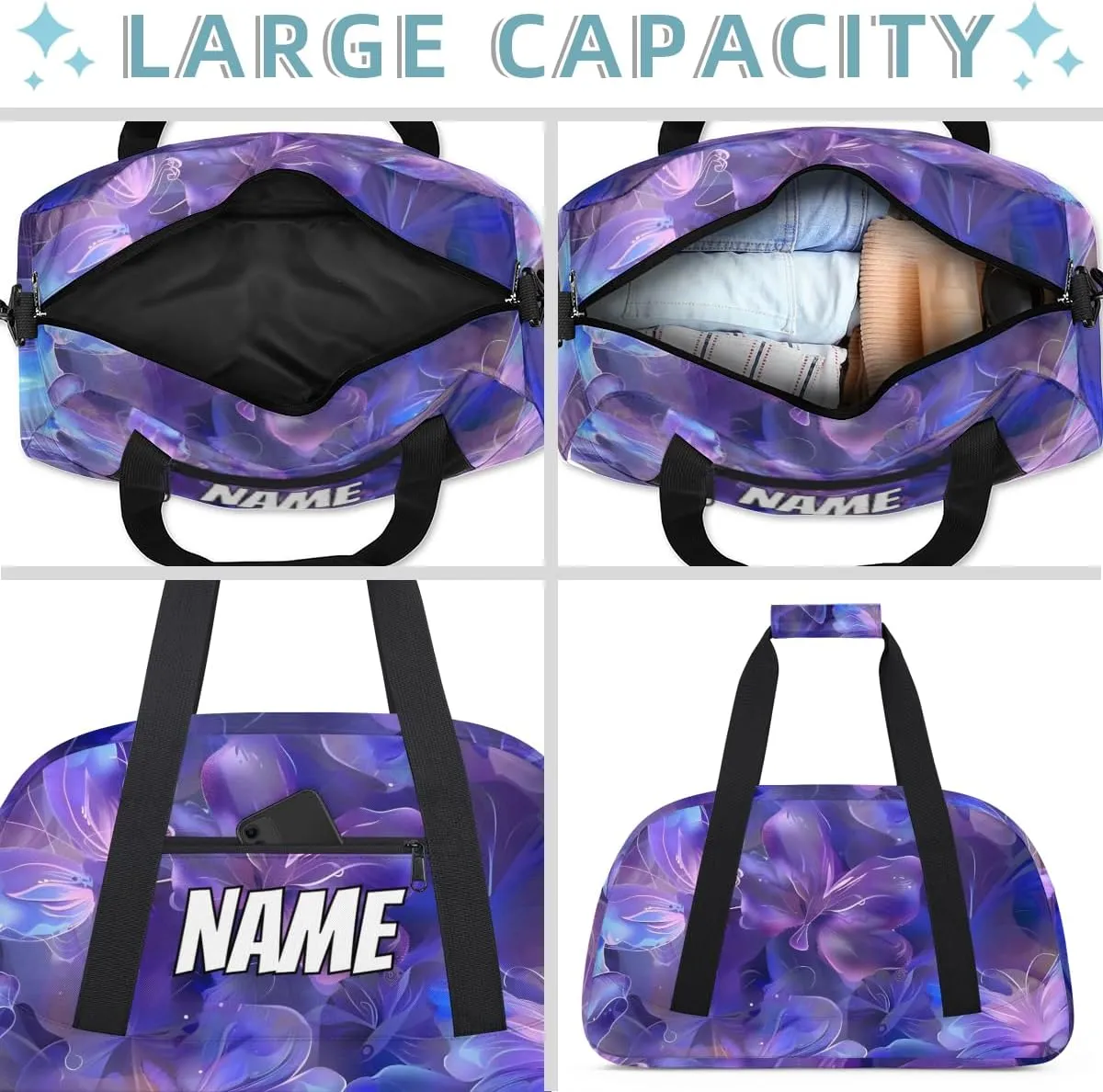 Personalized Custom Gym Bag for Women Men Carry on Purple Butterfly Travel Duffel Tote Butterflies Overnight Workout Weekender Bag