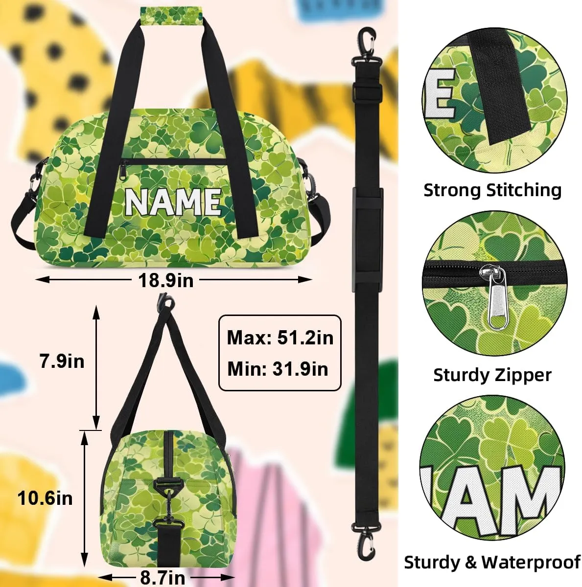 Personalized Custom Gym Bag for Women Men Carry on Shamrock Clover Travel Duffel Tote St.Patrick's Day Overnight Workout Weekender Bag