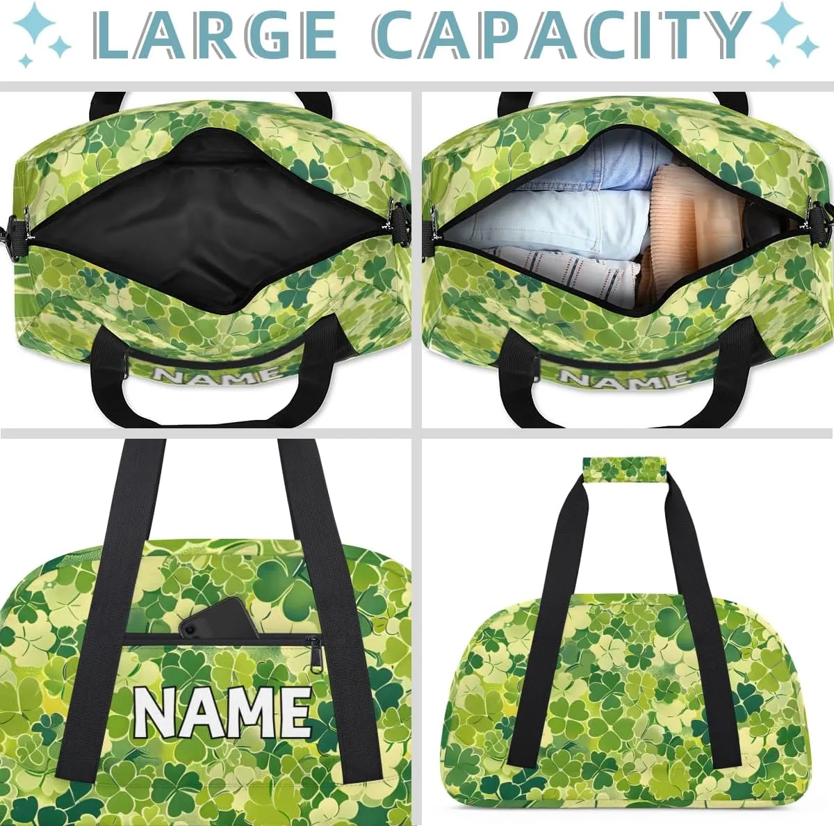 Personalized Custom Gym Bag for Women Men Carry on Shamrock Clover Travel Duffel Tote St.Patrick's Day Overnight Workout Weekender Bag