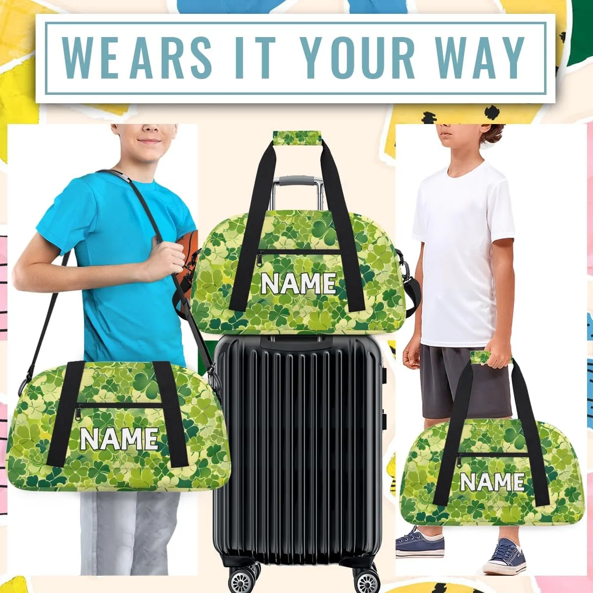 Personalized Custom Gym Bag for Women Men Carry on Shamrock Clover Travel Duffel Tote St.Patrick's Day Overnight Workout Weekender Bag