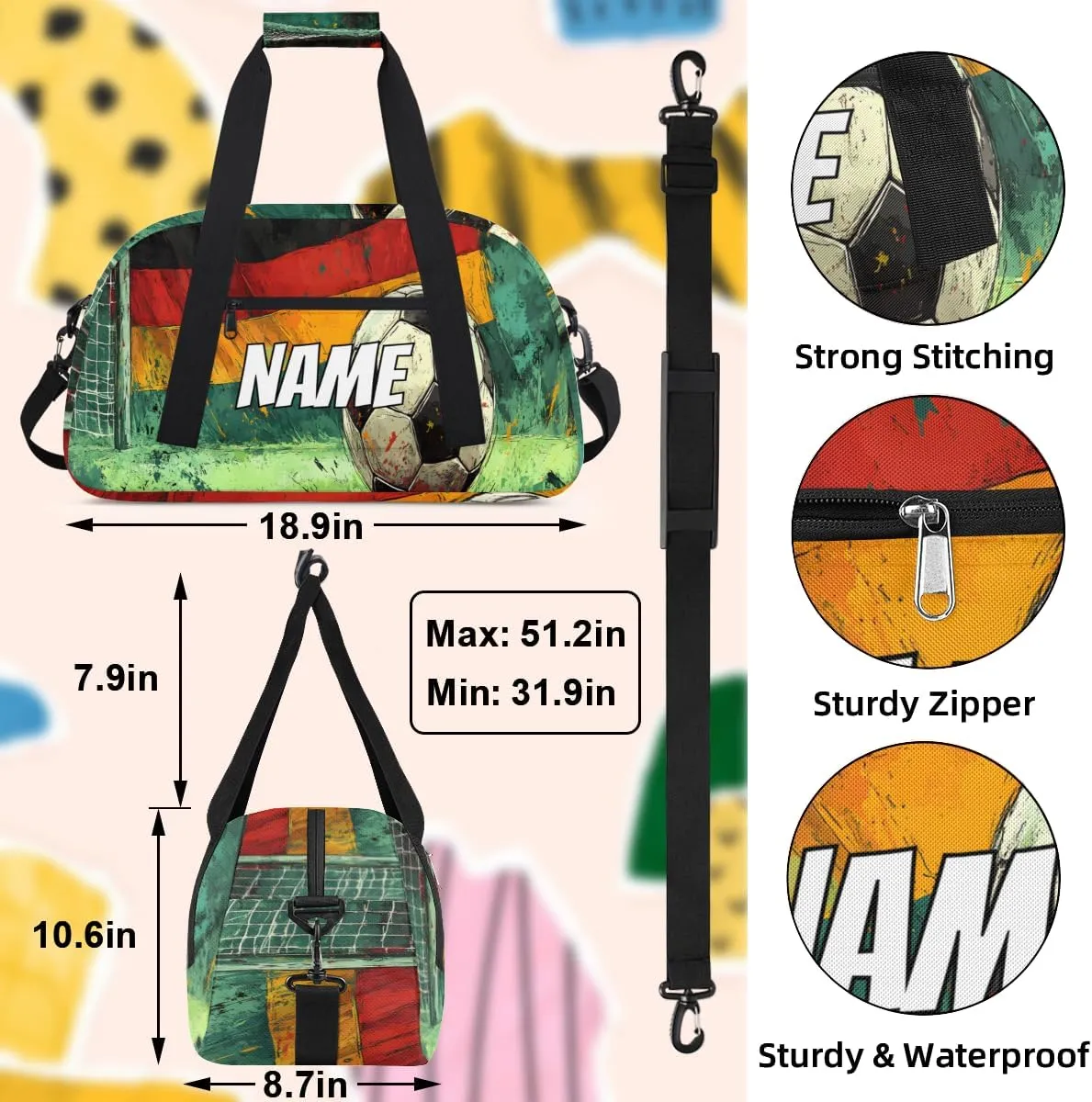 Personalized Custom Gym Bag for Women Men Carry on Soccer Game Travel Duffel Tote Sports Theme Overnight Workout Weekender Bag