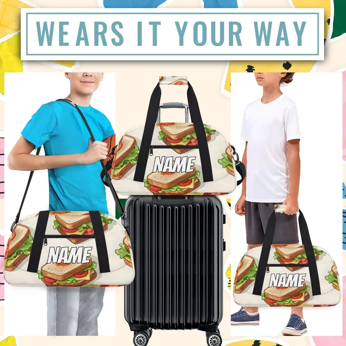 Personalized Custom Gym Bag for Women Men Carry on Vegetable Sandwiches Travel Duffel Tote Cartoon Cheese Overnight Workout Weekender Bag