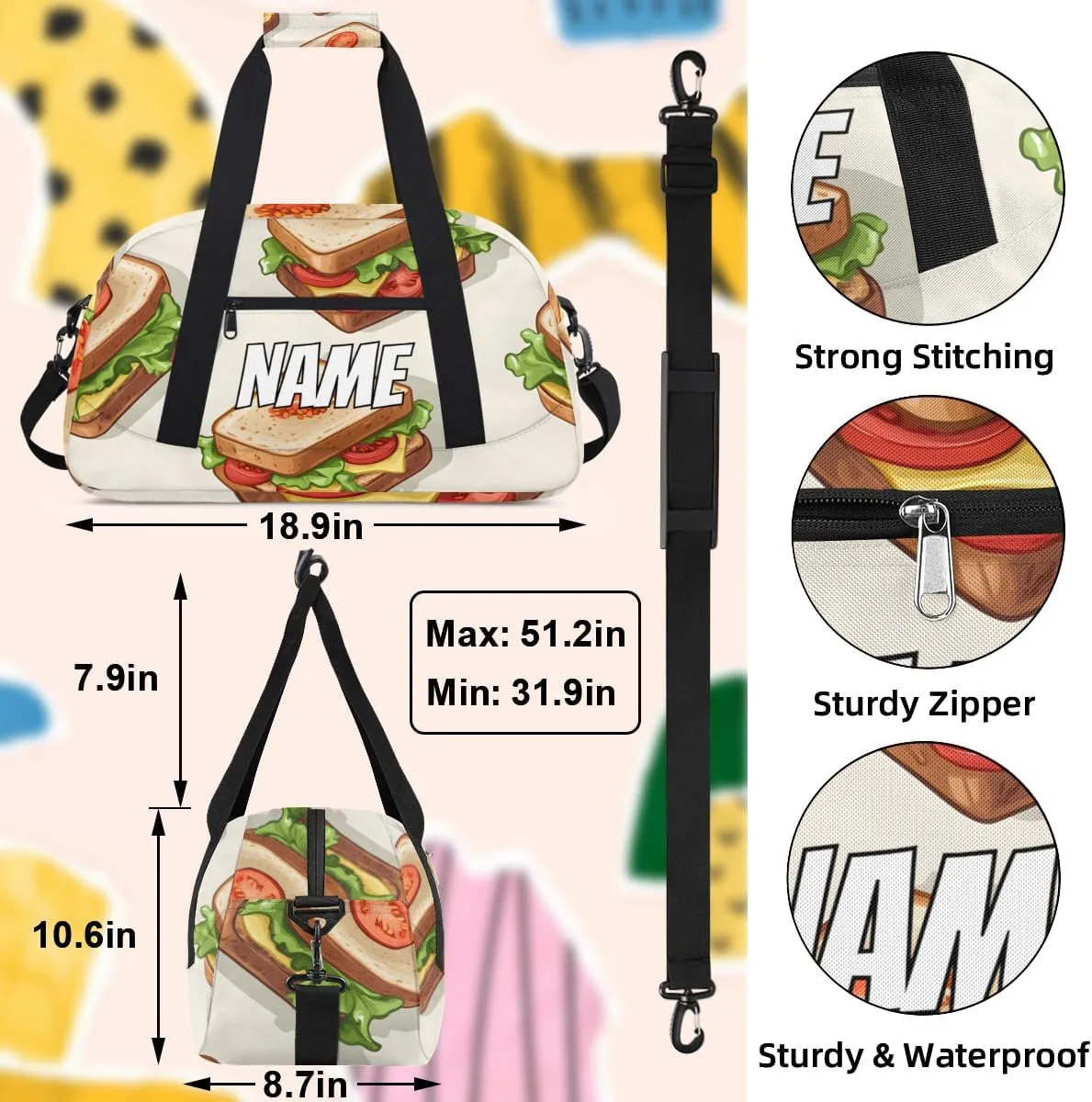 Personalized Custom Gym Bag for Women Men Carry on Vegetable Sandwiches Travel Duffel Tote Cartoon Cheese Overnight Workout Weekender Bag