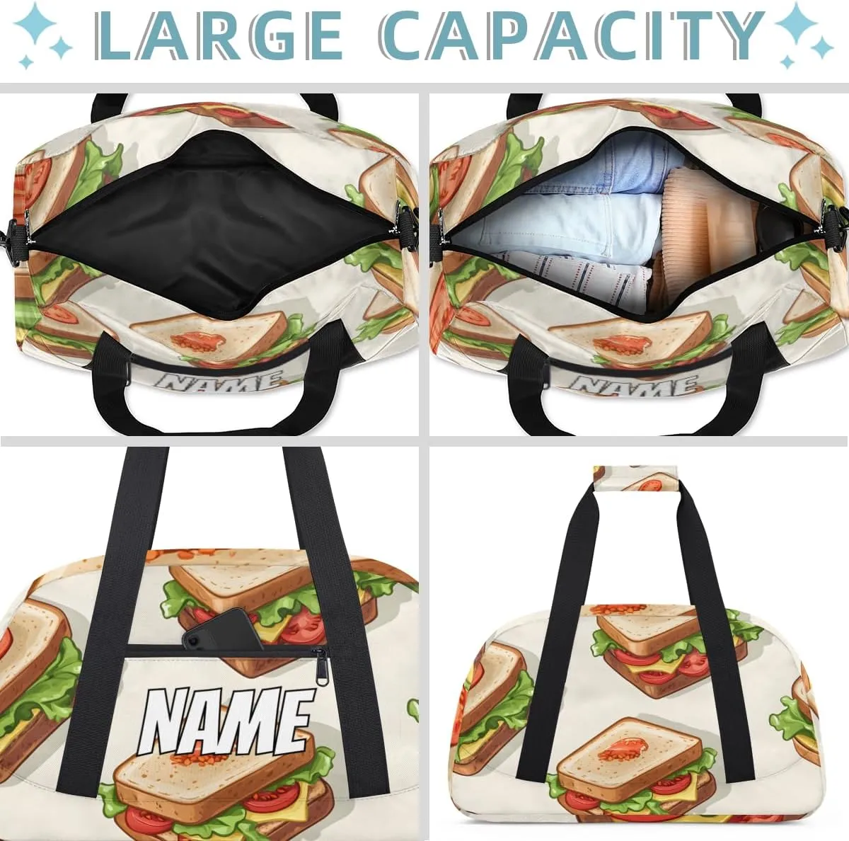 Personalized Custom Gym Bag for Women Men Carry on Vegetable Sandwiches Travel Duffel Tote Cartoon Cheese Overnight Workout Weekender Bag