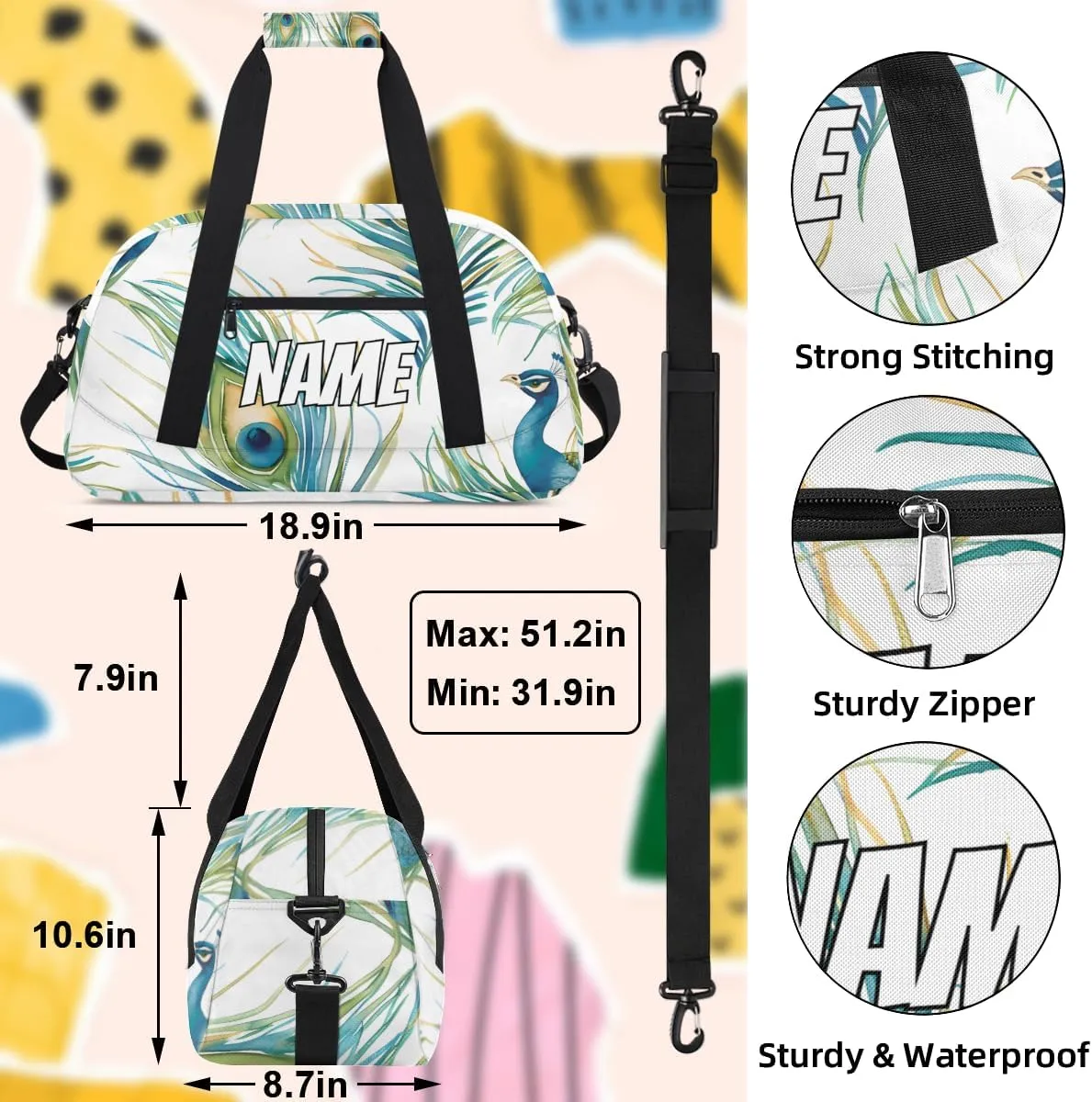 Personalized Custom Gym Bag for Women Men Carry on Vintage Peacock Travel Duffel Tote Peacock Feathers Overnight Workout Weekender Bag