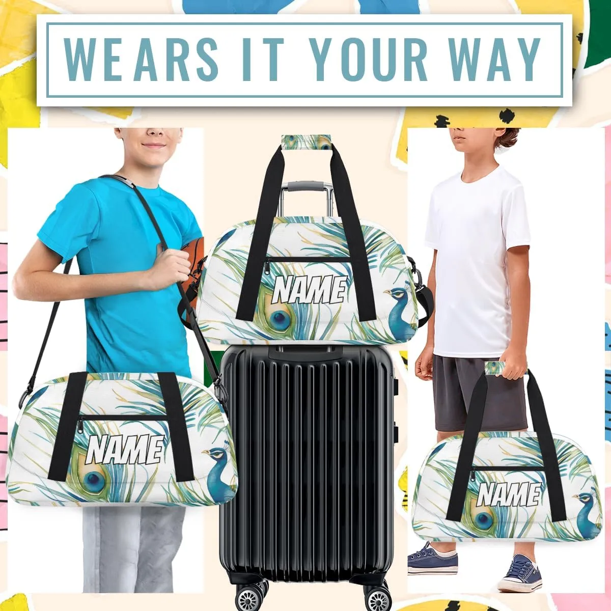 Personalized Custom Gym Bag for Women Men Carry on Vintage Peacock Travel Duffel Tote Peacock Feathers Overnight Workout Weekender Bag