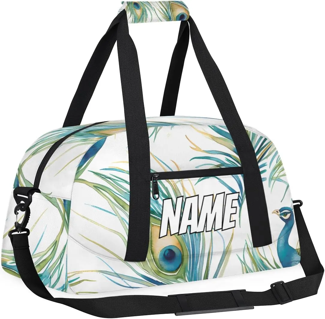 Personalized Custom Gym Bag for Women Men Carry on Vintage Peacock Travel Duffel Tote Peacock Feathers Overnight Workout Weekender Bag