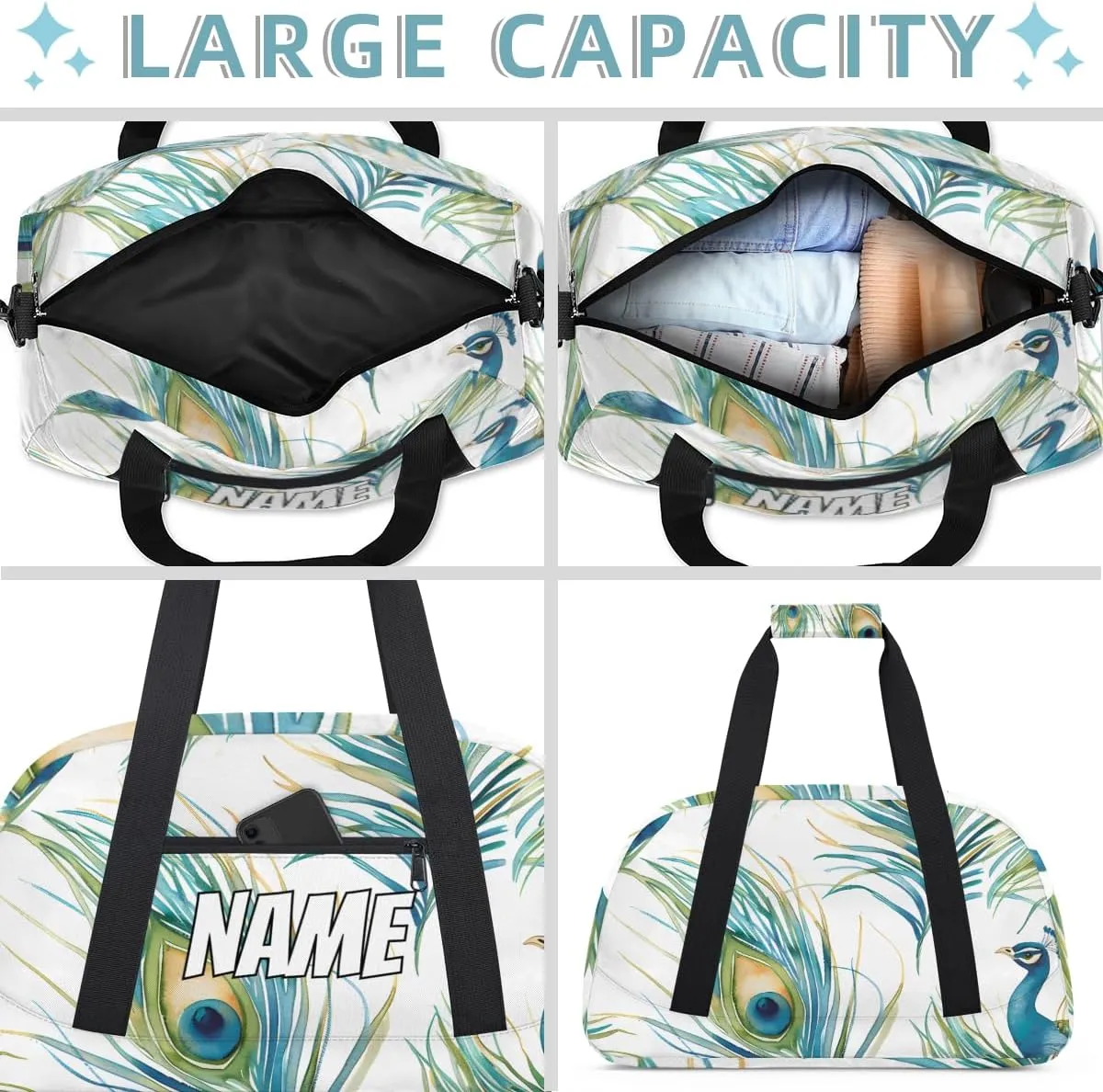 Personalized Custom Gym Bag for Women Men Carry on Vintage Peacock Travel Duffel Tote Peacock Feathers Overnight Workout Weekender Bag
