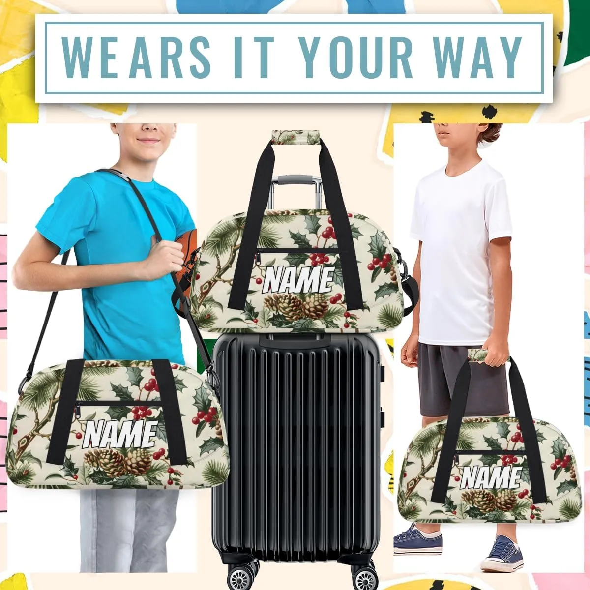 Personalized Custom Gym Bag for Women Men Carry on Vintage Pines Travel Duffel Tote Christmas Leave Overnight Workout Weekender Bag