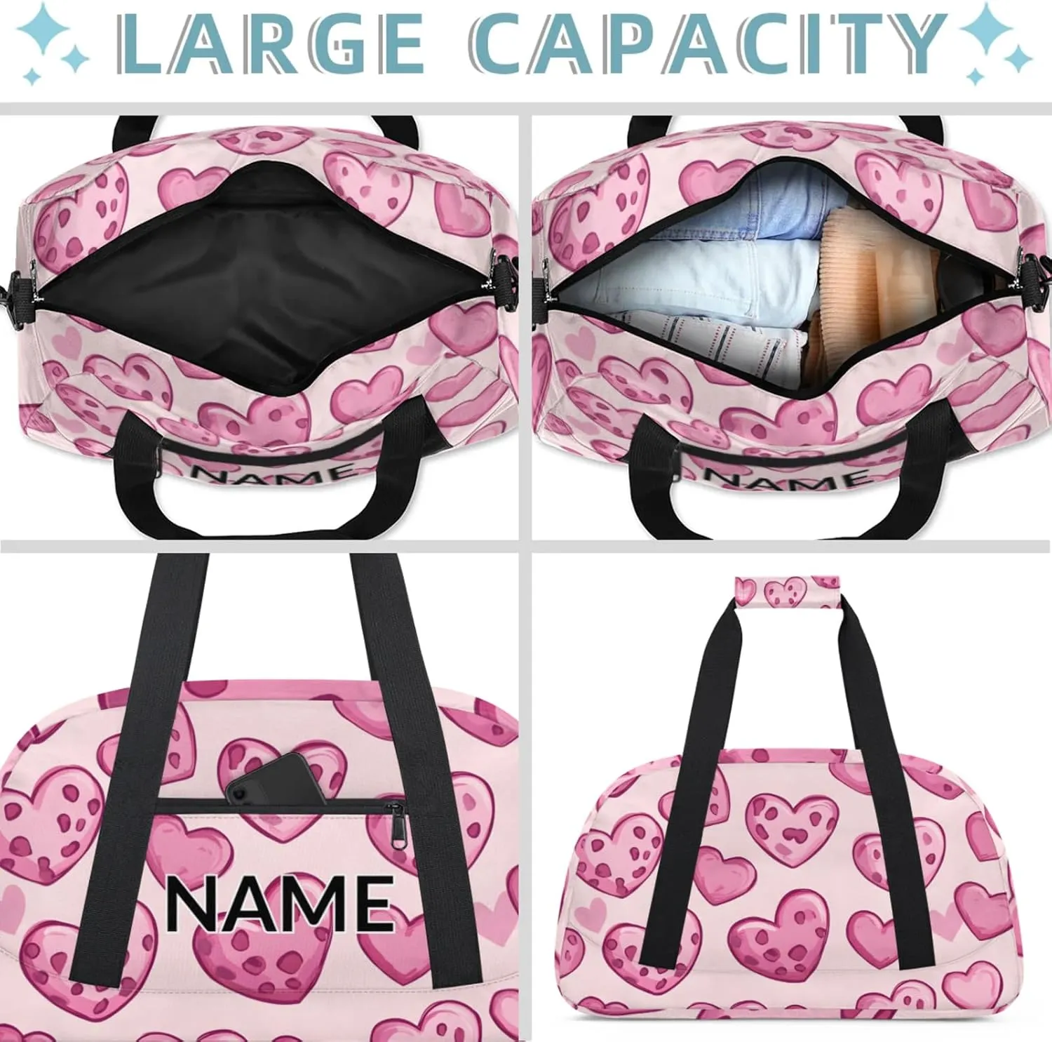 Personalized Custom Heart Gym Bag for Women Men Carry on Travel Duffel Tote Pink Love Hearts Overnight Workout Weekender Bag