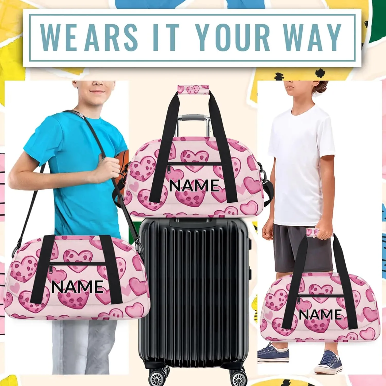 Personalized Custom Heart Gym Bag for Women Men Carry on Travel Duffel Tote Pink Love Hearts Overnight Workout Weekender Bag
