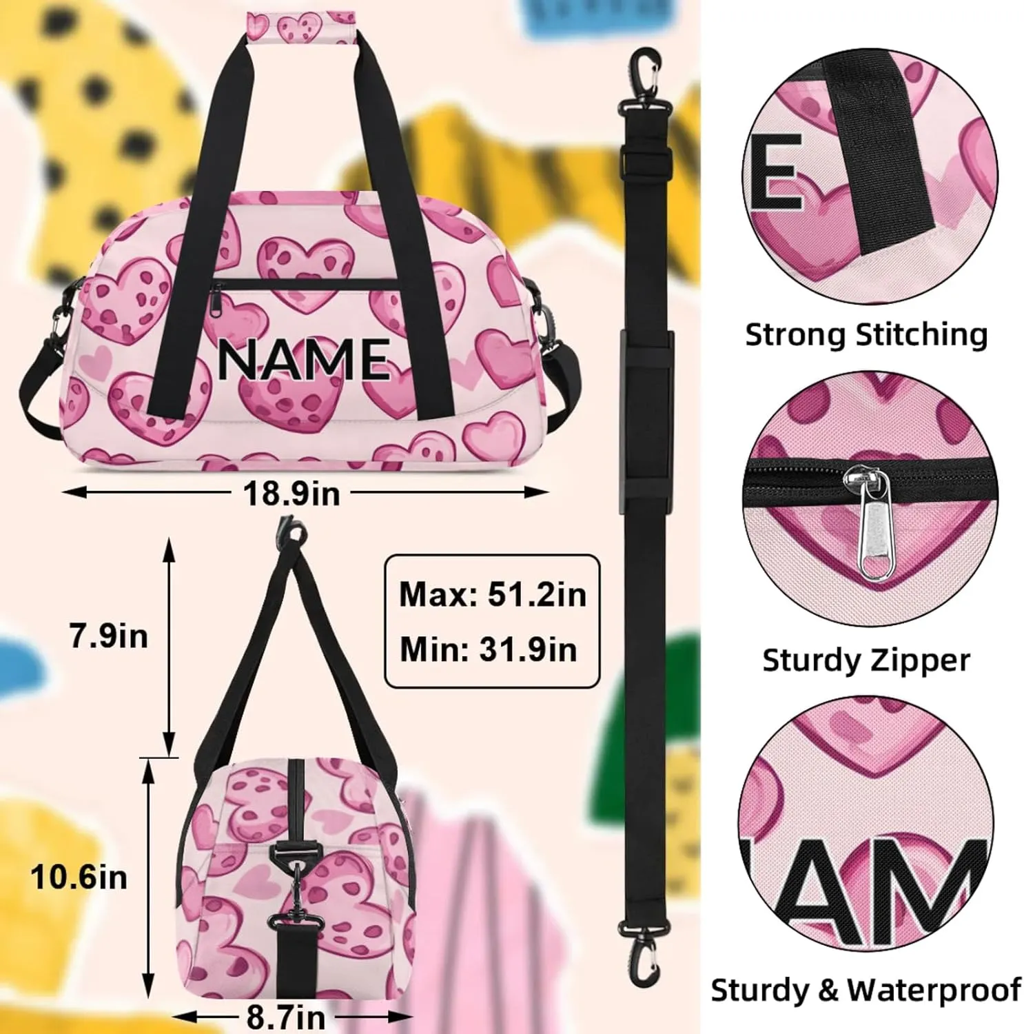 Personalized Custom Heart Gym Bag for Women Men Carry on Travel Duffel Tote Pink Love Hearts Overnight Workout Weekender Bag