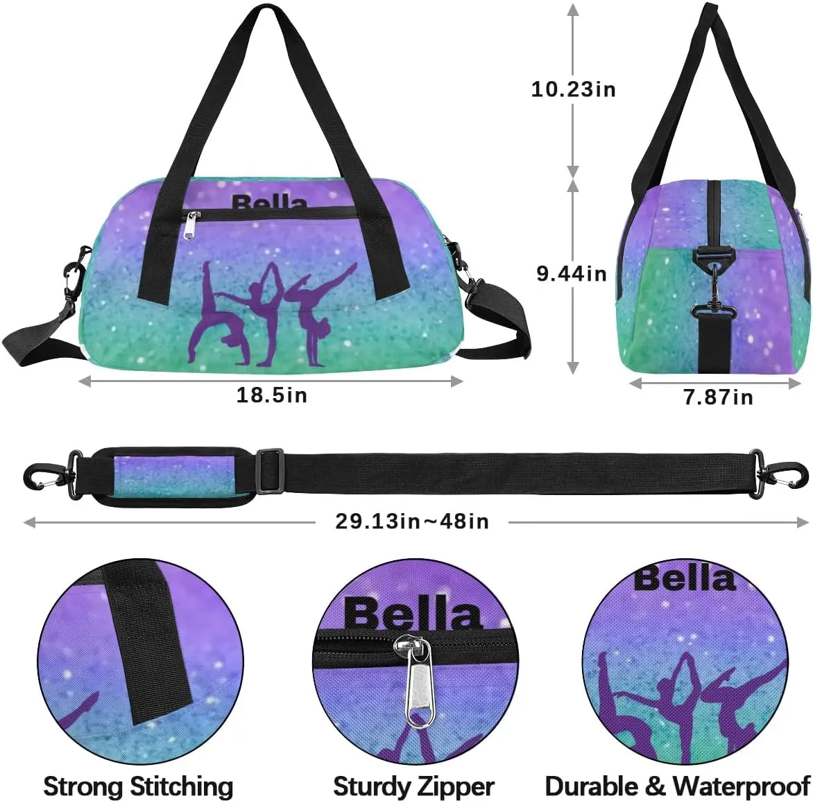 Personalized Custom Kids Duffel Bags, Personalized Customized Sports Gym Bag Travel Duffle Bag Girls Dance Bag Overnight Weekender Sleepover Carry On Tote Bag for Girls, Blue Green Glitter 24
