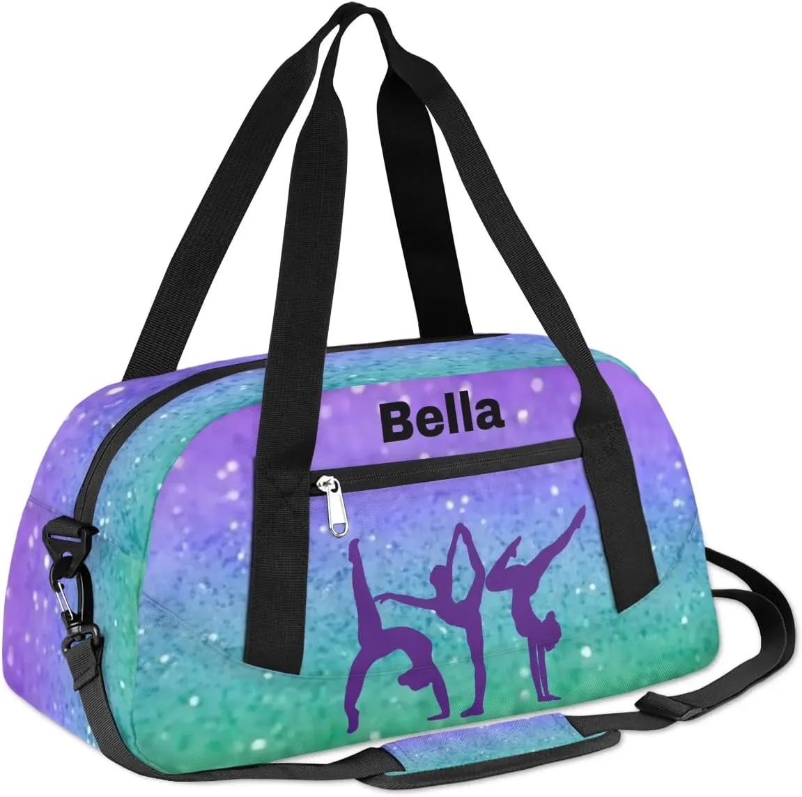 Personalized Custom Kids Duffel Bags, Personalized Customized Sports Gym Bag Travel Duffle Bag Girls Dance Bag Overnight Weekender Sleepover Carry On Tote Bag for Girls, Blue Green Glitter 24
