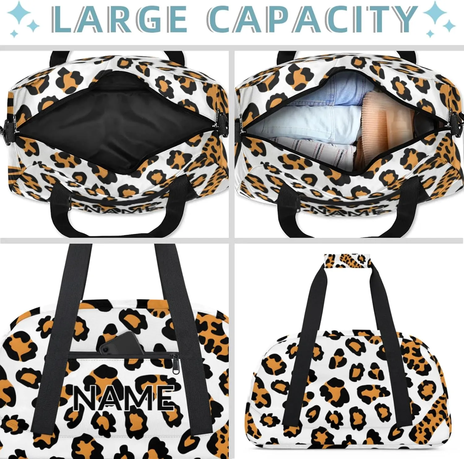 Personalized Custom Leopard Print Gym Bag for Women Men Carry on Travel Duffel Tote Brown Animals Overnight Workout Weekender Bag