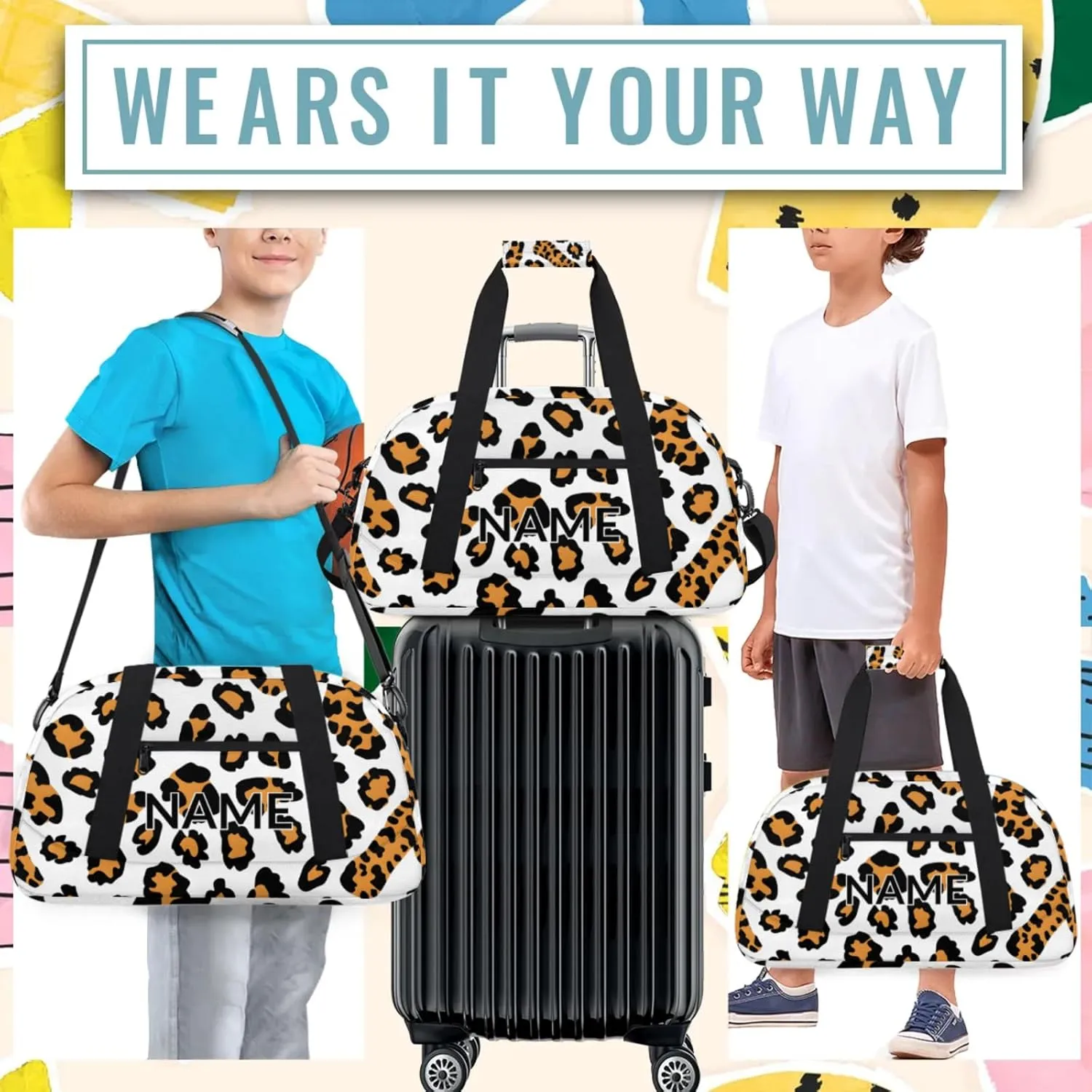 Personalized Custom Leopard Print Gym Bag for Women Men Carry on Travel Duffel Tote Brown Animals Overnight Workout Weekender Bag