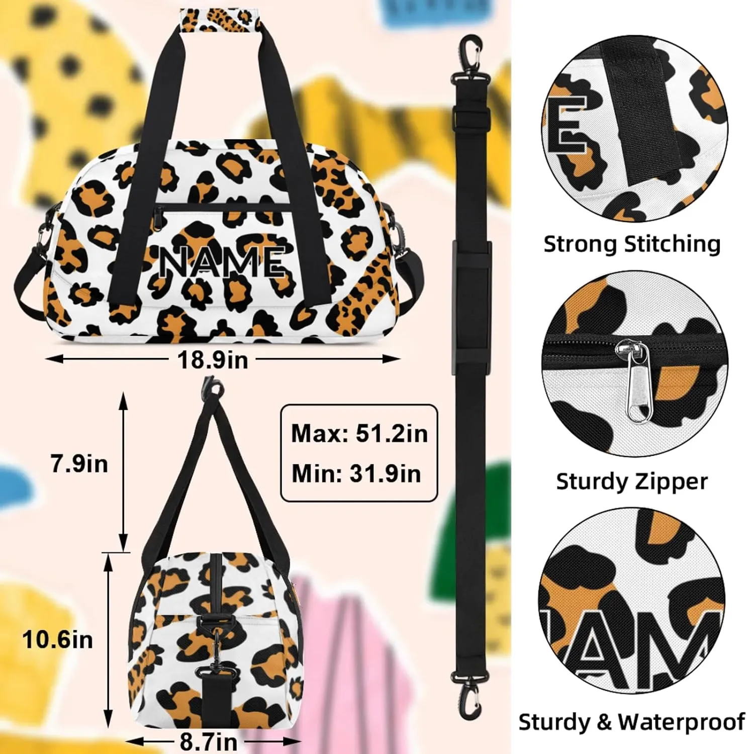 Personalized Custom Leopard Print Gym Bag for Women Men Carry on Travel Duffel Tote Brown Animals Overnight Workout Weekender Bag