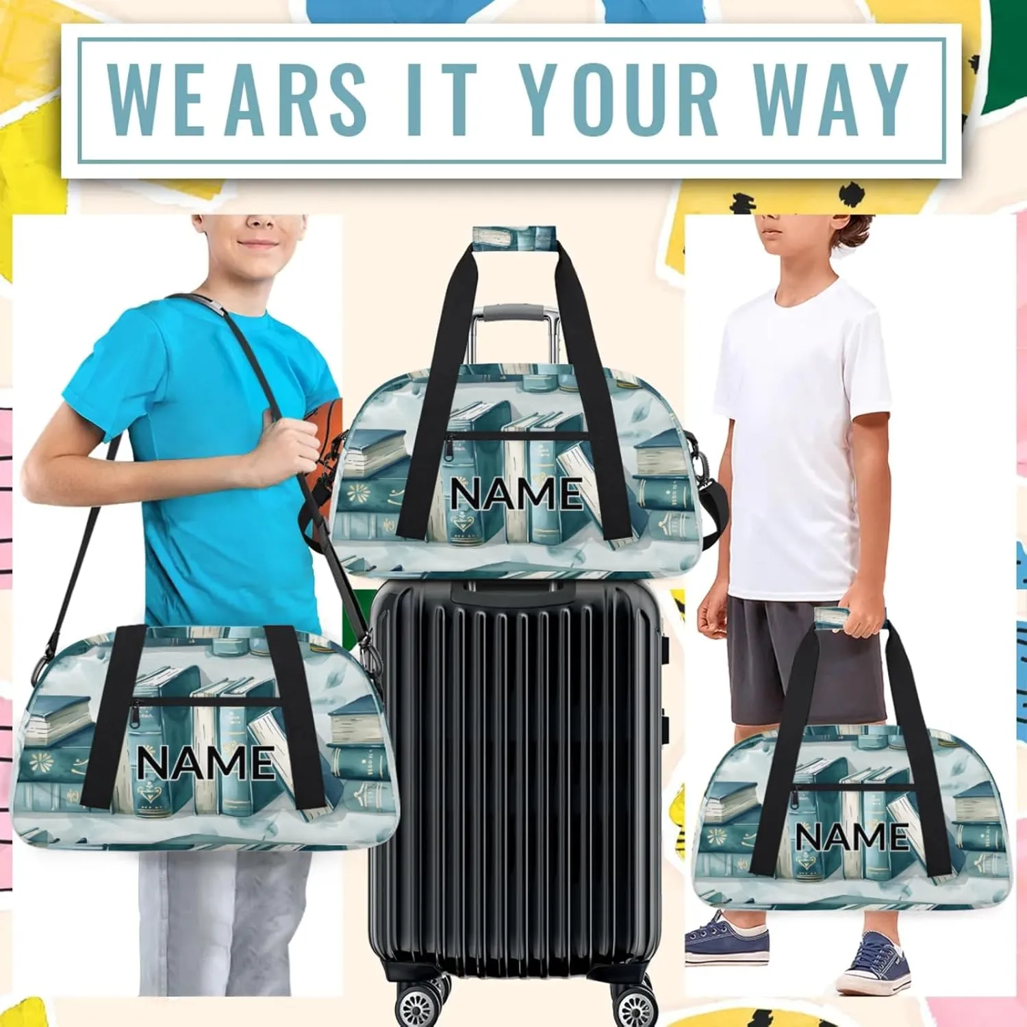 Personalized Custom Library Bookshelf Gym Bag for Women Men Carry on Travel Duffel Tote Retro Old Overnight Workout Weekender Bag