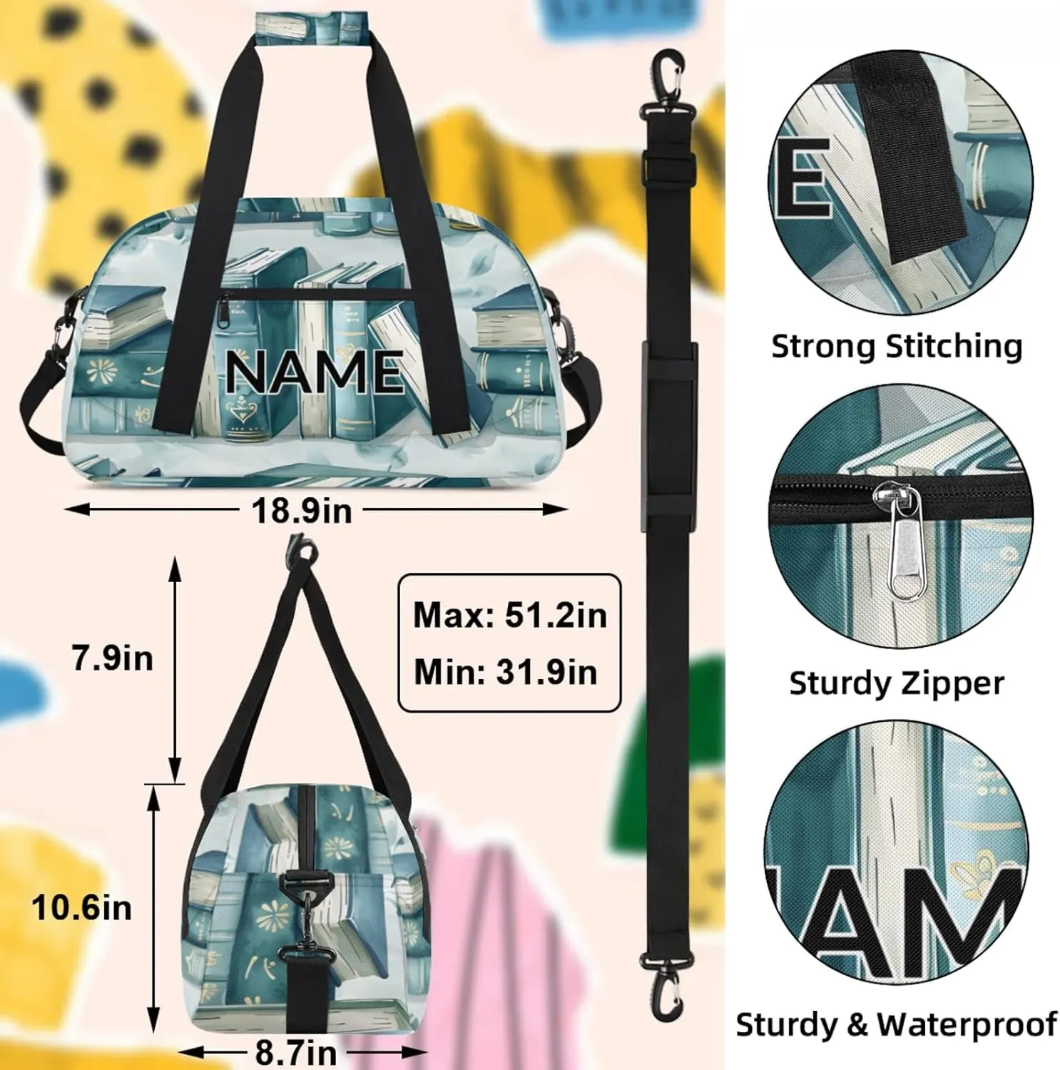 Personalized Custom Library Bookshelf Gym Bag for Women Men Carry on Travel Duffel Tote Retro Old Overnight Workout Weekender Bag