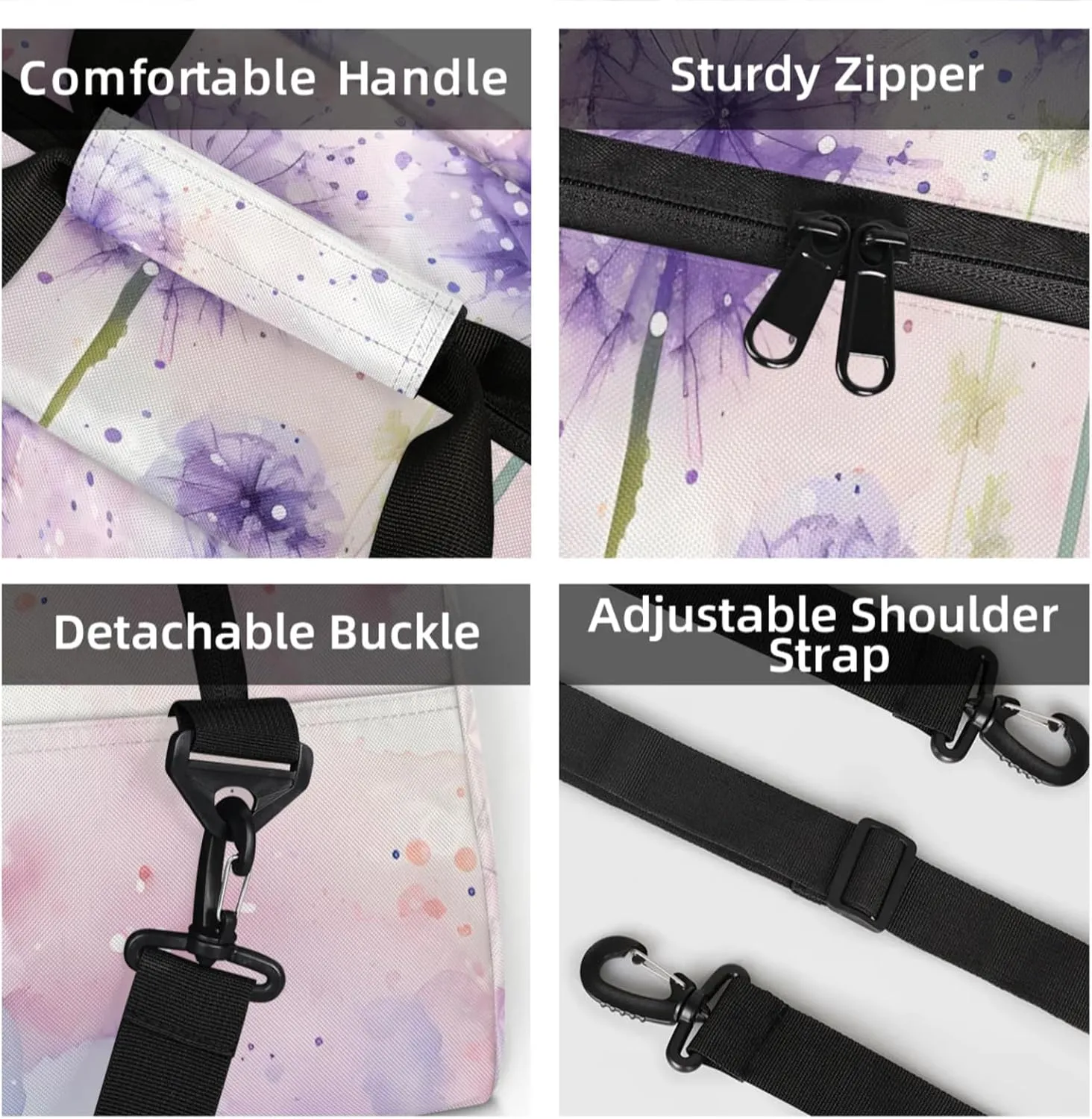 Personalized Custom Purple Dandelion Gym Bag for Women Men Carry on Travel Duffel Tote Wildflowers Floral Herbs Overnight Workout Weekender Bag