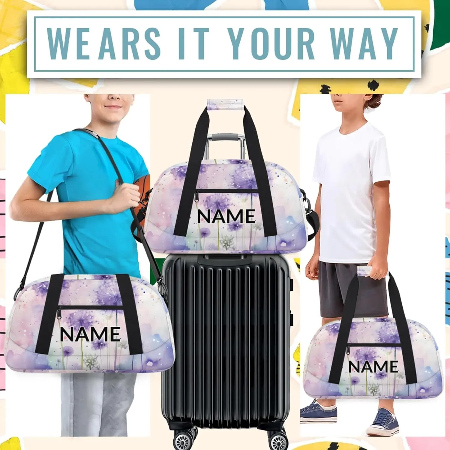 Personalized Custom Purple Dandelion Gym Bag for Women Men Carry on Travel Duffel Tote Wildflowers Floral Herbs Overnight Workout Weekender Bag
