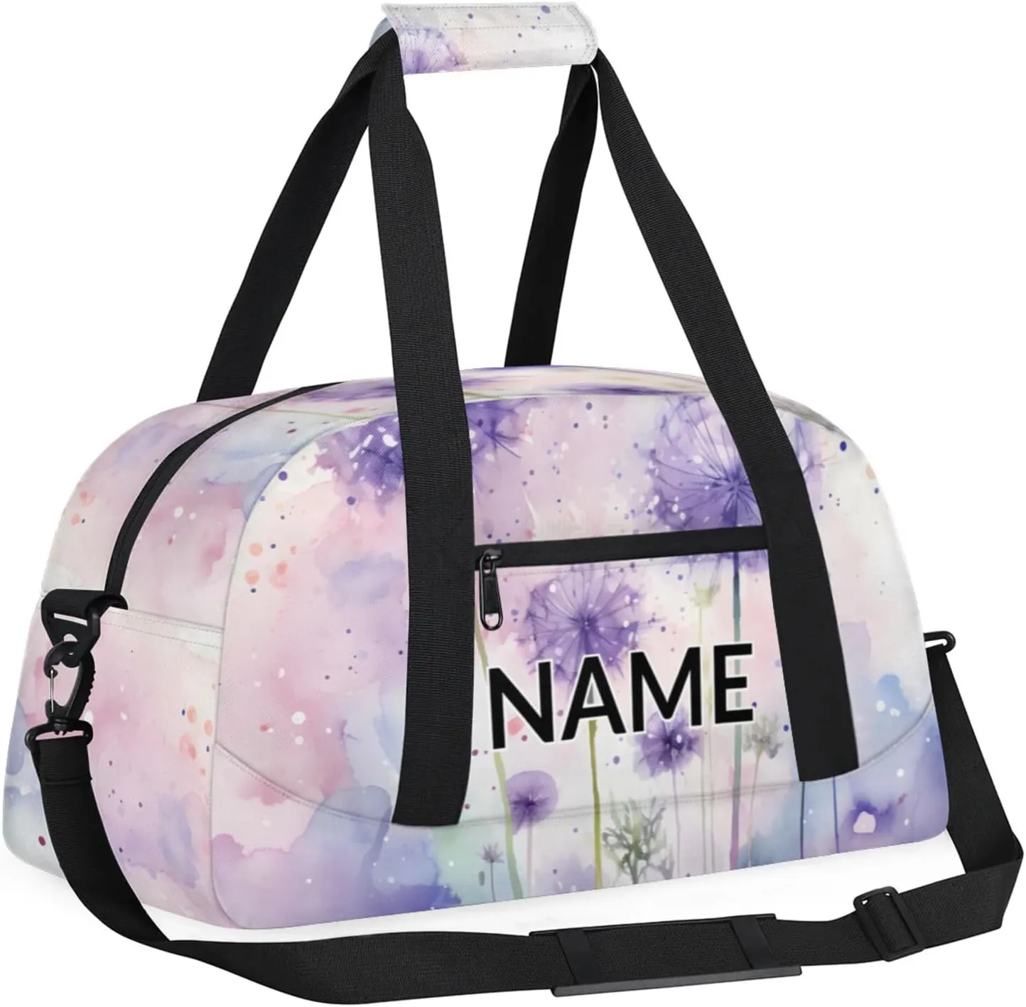 Personalized Custom Purple Dandelion Gym Bag for Women Men Carry on Travel Duffel Tote Wildflowers Floral Herbs Overnight Workout Weekender Bag