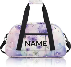 Personalized Custom Purple Dandelion Gym Bag for Women Men Carry on Travel Duffel Tote Wildflowers Floral Herbs Overnight Workout Weekender Bag