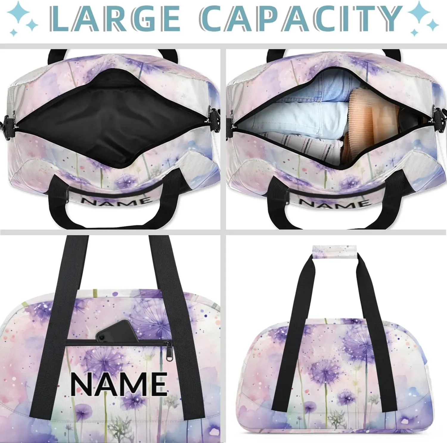 Personalized Custom Purple Dandelion Gym Bag for Women Men Carry on Travel Duffel Tote Wildflowers Floral Herbs Overnight Workout Weekender Bag