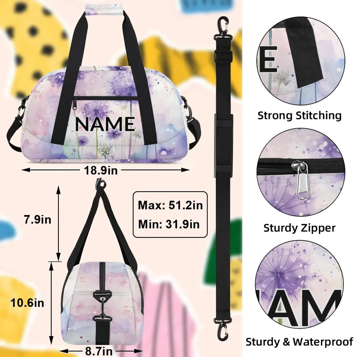 Personalized Custom Purple Dandelion Gym Bag for Women Men Carry on Travel Duffel Tote Wildflowers Floral Herbs Overnight Workout Weekender Bag