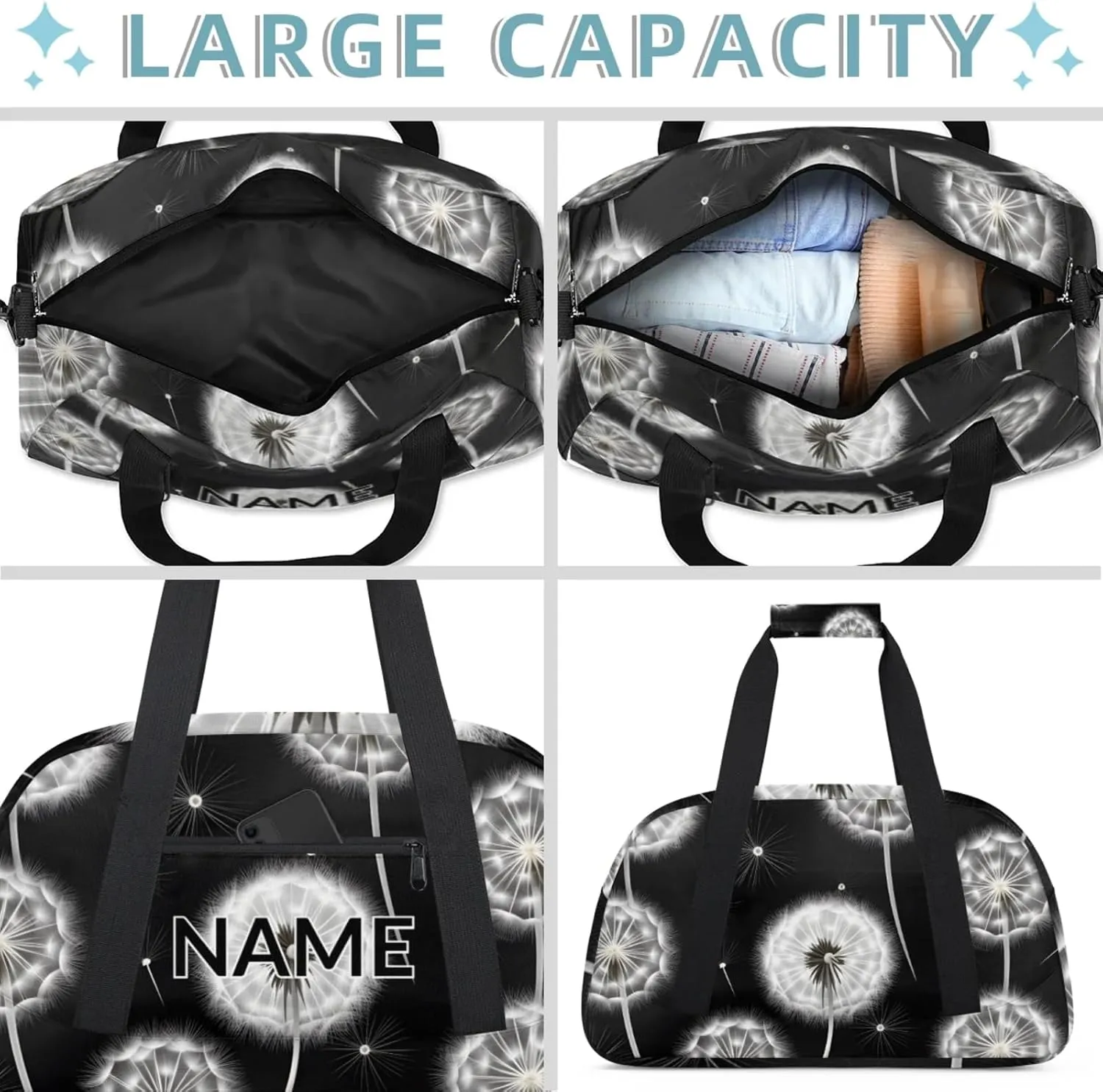 Personalized Custom Vintage Dandelion Gym Bag for Women Men Carry on Travel Duffel Tote Rustic Farm Plant Overnight Workout Weekender Bag