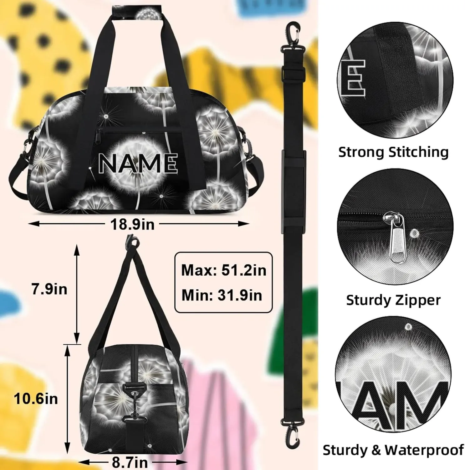 Personalized Custom Vintage Dandelion Gym Bag for Women Men Carry on Travel Duffel Tote Rustic Farm Plant Overnight Workout Weekender Bag