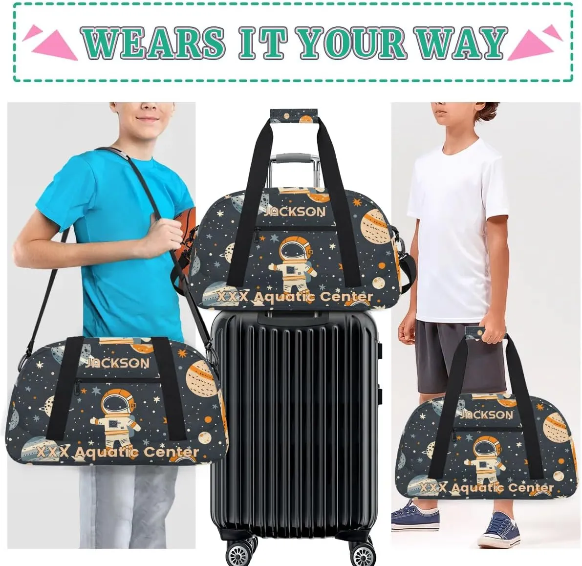 Personalized Cute Astronaut Gym Duffel Bags for Kids Boys with Custom Name Sport Training Travel Bags,Gift for Children,Black Gray