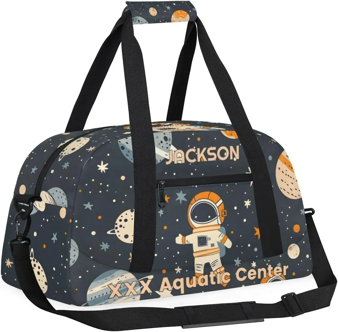 Personalized Cute Astronaut Gym Duffel Bags for Kids Boys with Custom Name Sport Training Travel Bags,Gift for Children,Black Gray