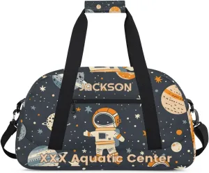 Personalized Cute Astronaut Gym Duffel Bags for Kids Boys with Custom Name Sport Training Travel Bags,Gift for Children,Black Gray