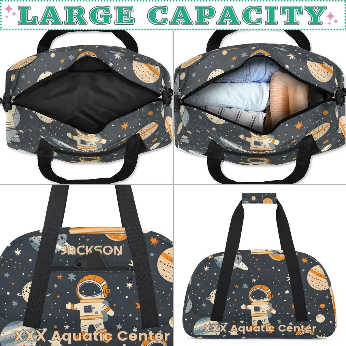 Personalized Cute Astronaut Gym Duffel Bags for Kids Boys with Custom Name Sport Training Travel Bags,Gift for Children,Black Gray