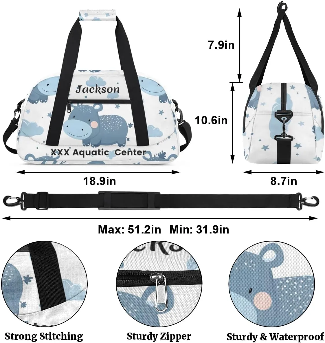 Personalized Cute Cow Gym Duffel Bags for Kids Girls Boys with Custom Name Sport Dance Bags for Overnight Weekender,Light Blue