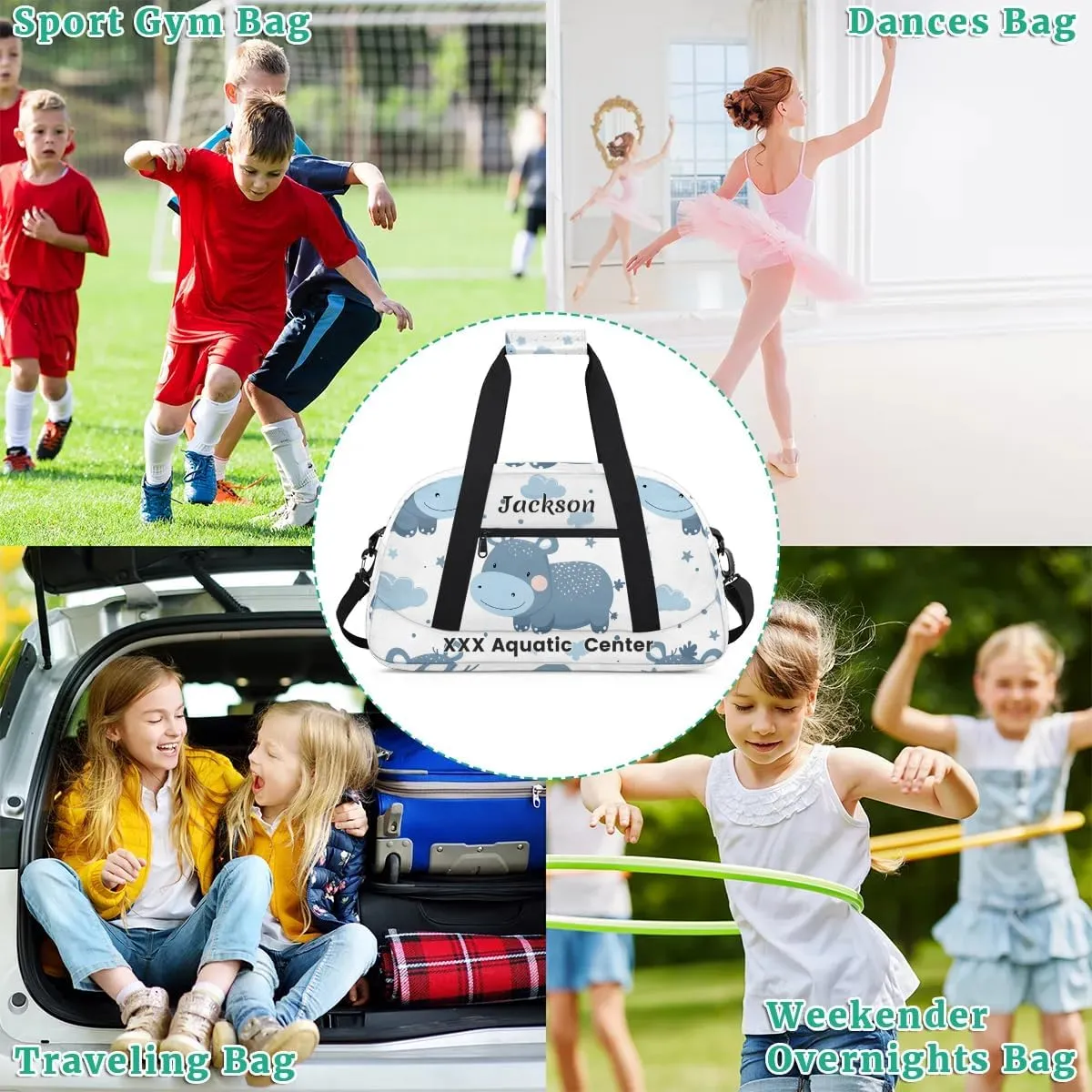 Personalized Cute Cow Gym Duffel Bags for Kids Girls Boys with Custom Name Sport Dance Bags for Overnight Weekender,Light Blue