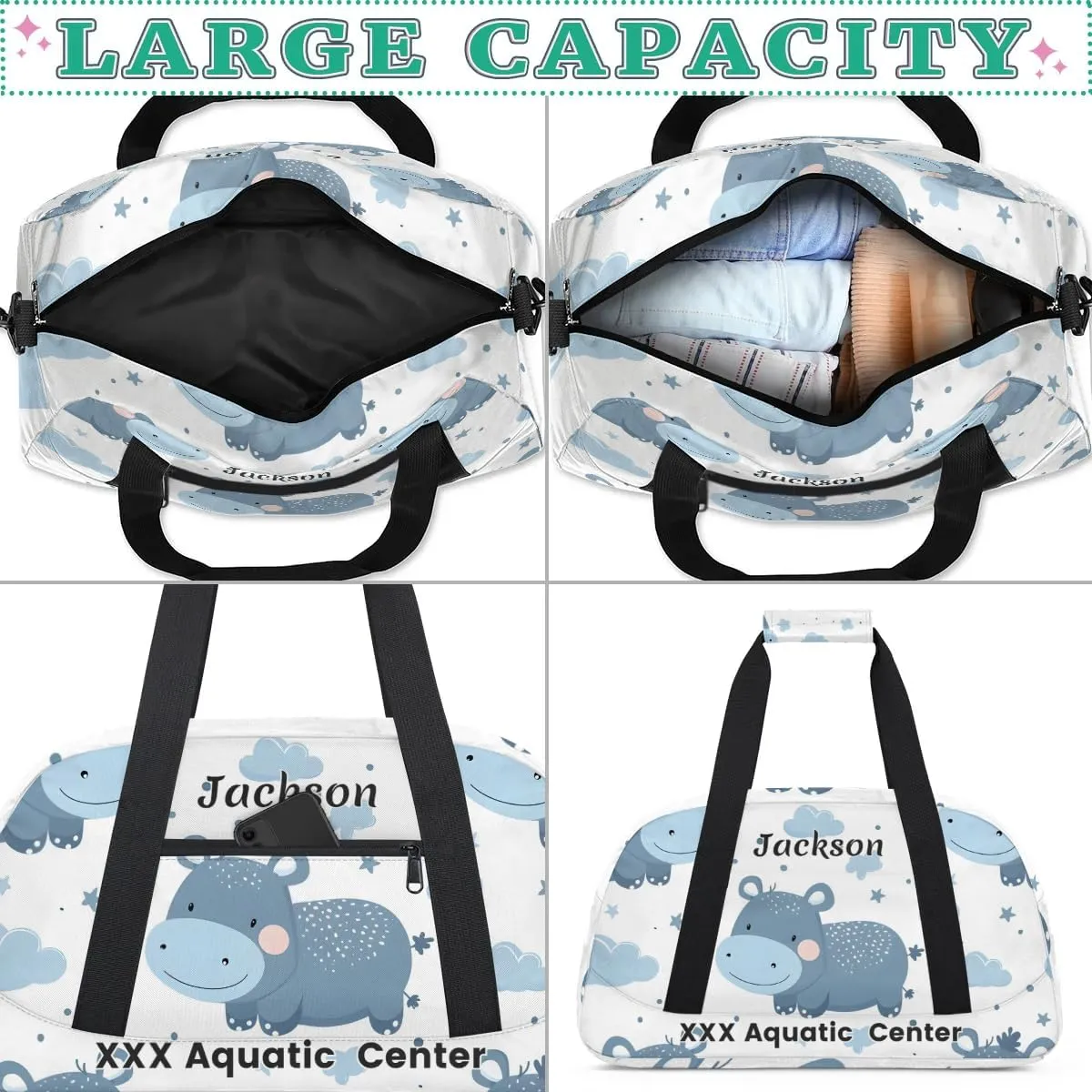 Personalized Cute Cow Gym Duffel Bags for Kids Girls Boys with Custom Name Sport Dance Bags for Overnight Weekender,Light Blue