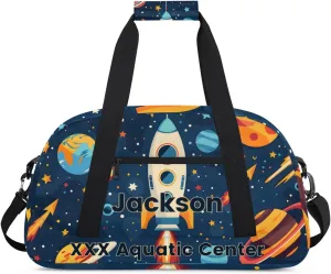 Personalized Cute Rocket Star Gym Duffel Bags for Kids Boys with Custom Name Sport Training Travel Bags,Gift for Children,Blue
