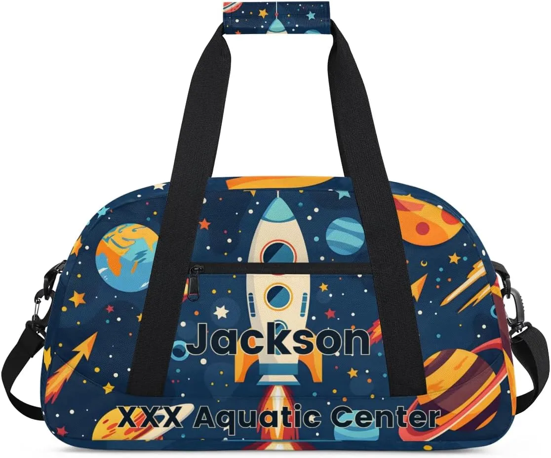 Personalized Cute Rocket Star Gym Duffel Bags for Kids Boys with Custom Name Sport Training Travel Bags,Gift for Children,Blue