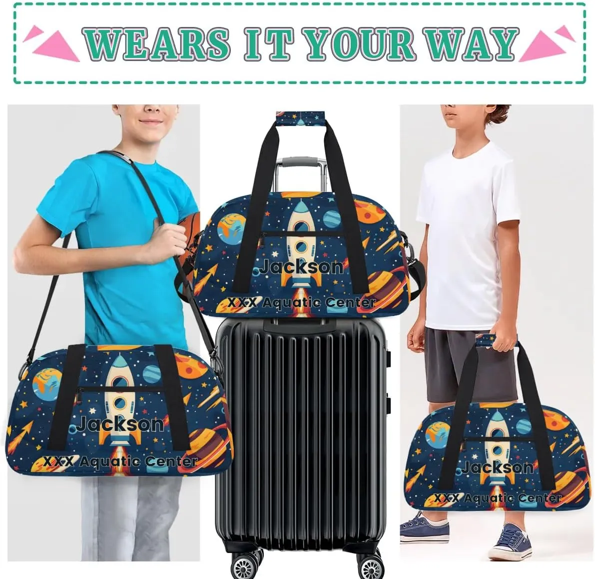 Personalized Cute Rocket Star Gym Duffel Bags for Kids Boys with Custom Name Sport Training Travel Bags,Gift for Children,Blue