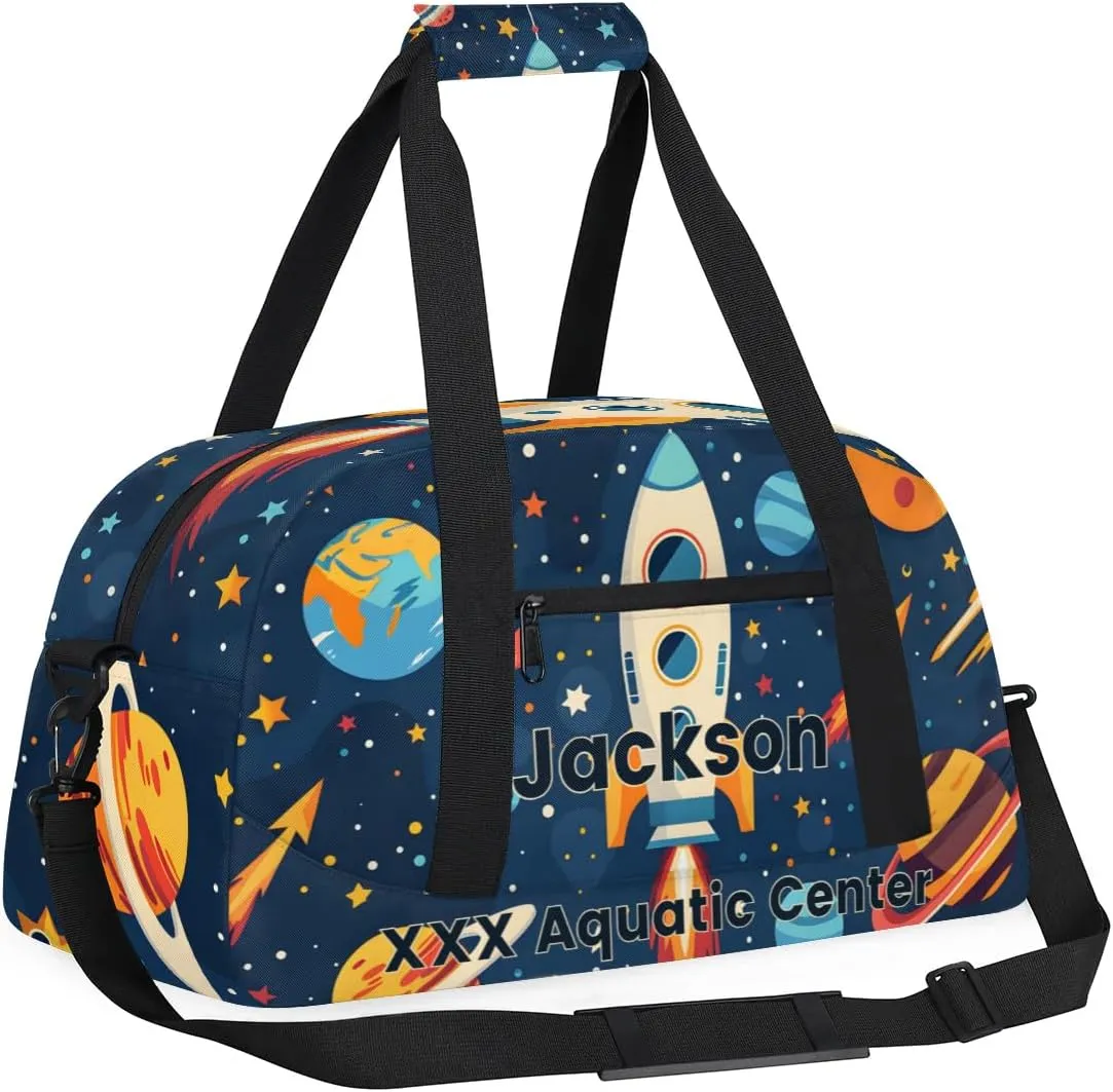 Personalized Cute Rocket Star Gym Duffel Bags for Kids Boys with Custom Name Sport Training Travel Bags,Gift for Children,Blue