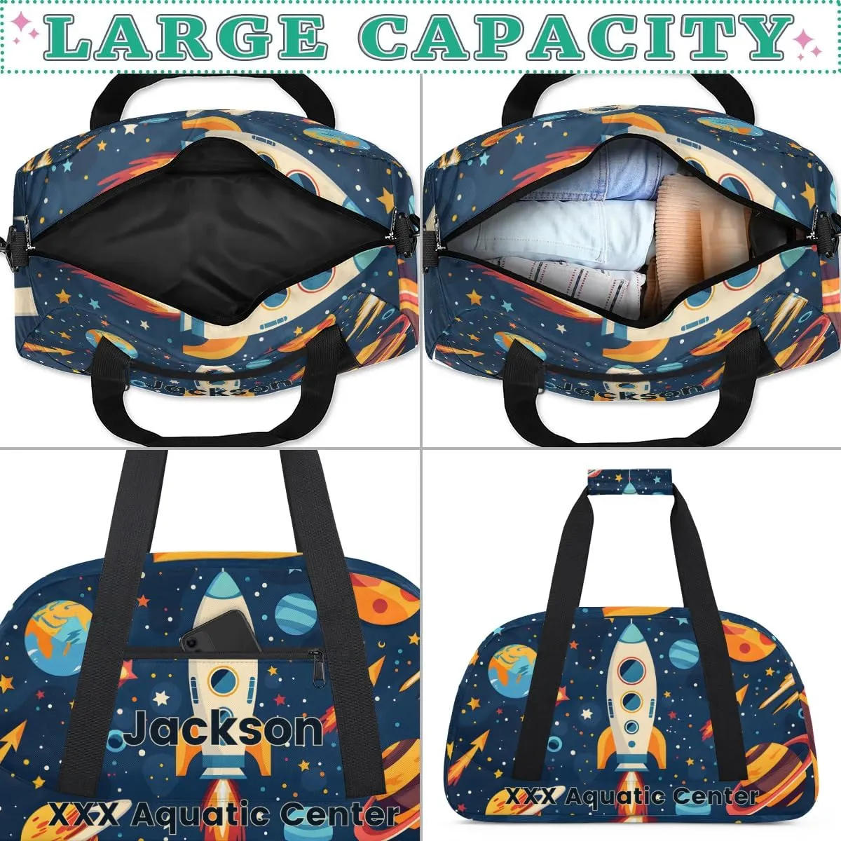 Personalized Cute Rocket Star Gym Duffel Bags for Kids Boys with Custom Name Sport Training Travel Bags,Gift for Children,Blue