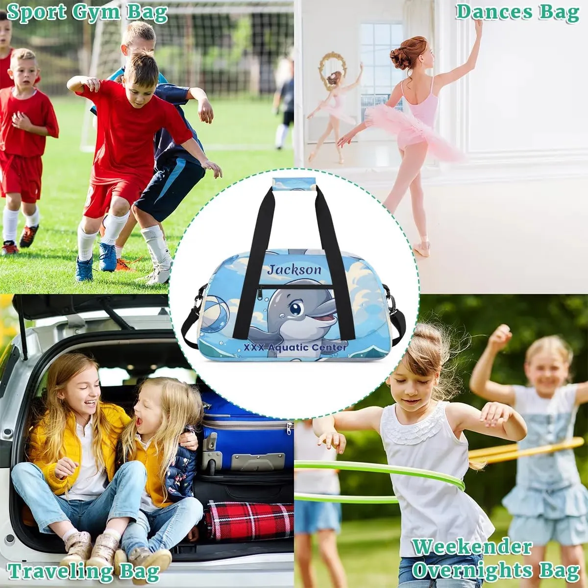 Personalized Cute Whale Gym Duffel Bags for Kids Boys with Custom Name Sport Training Travel Bags for Overnight Weekender