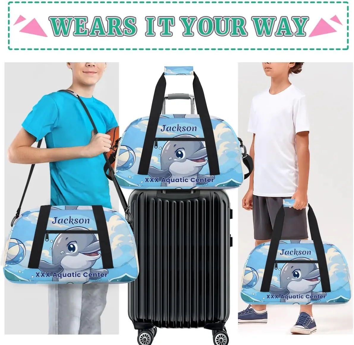 Personalized Cute Whale Gym Duffel Bags for Kids Boys with Custom Name Sport Training Travel Bags for Overnight Weekender