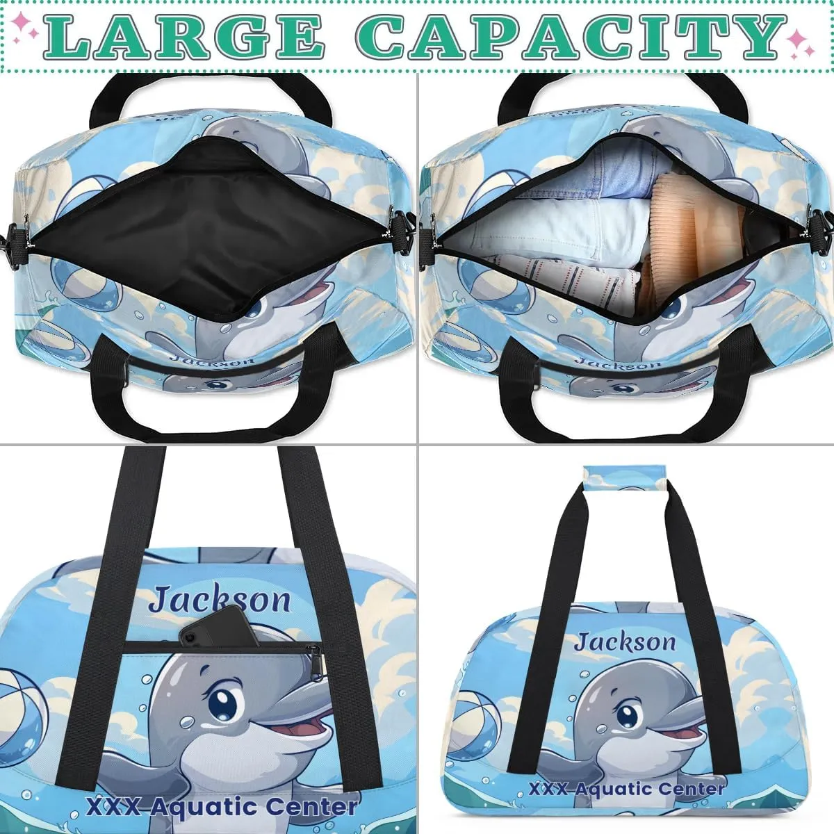 Personalized Cute Whale Gym Duffel Bags for Kids Boys with Custom Name Sport Training Travel Bags for Overnight Weekender