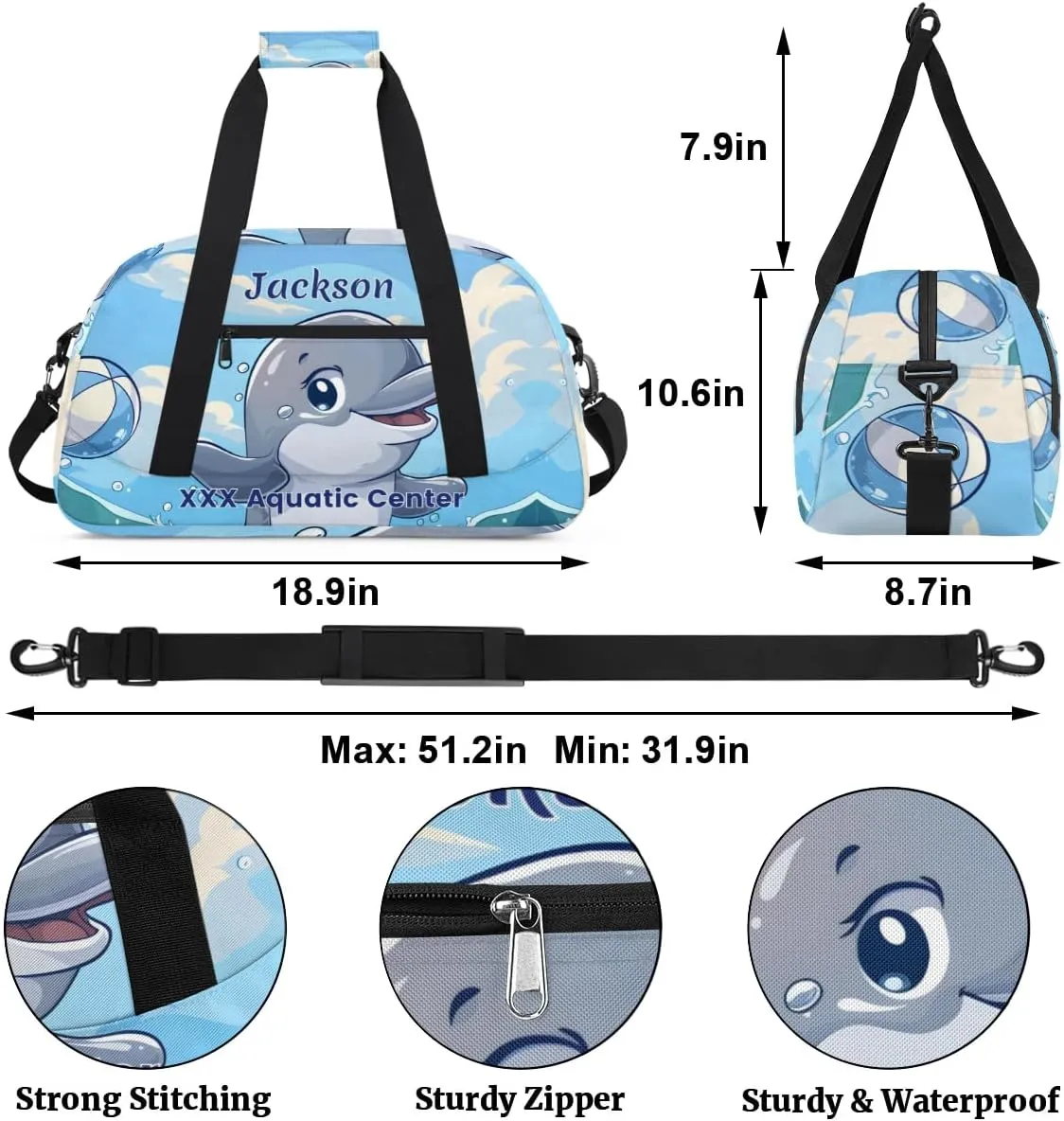 Personalized Cute Whale Gym Duffel Bags for Kids Boys with Custom Name Sport Training Travel Bags for Overnight Weekender