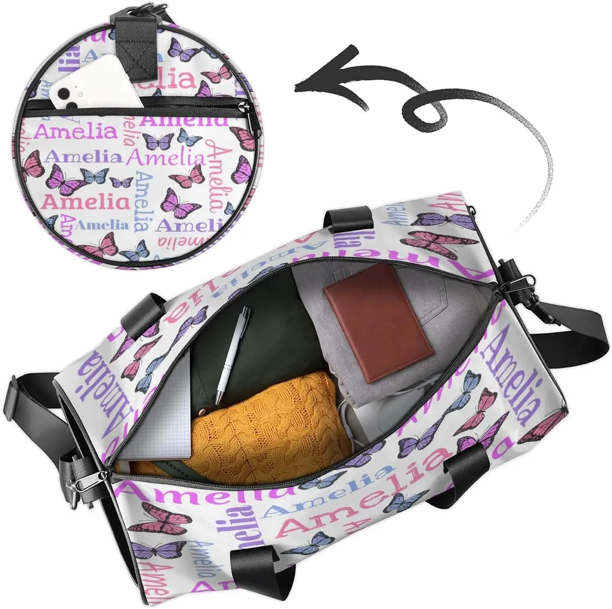 Personalized Dance Bag Duffle Bag for Girl, Custom Gym Bag Gymnastics Sport Travel Bag Weekender Bags with Adjustable Butter Glitter White