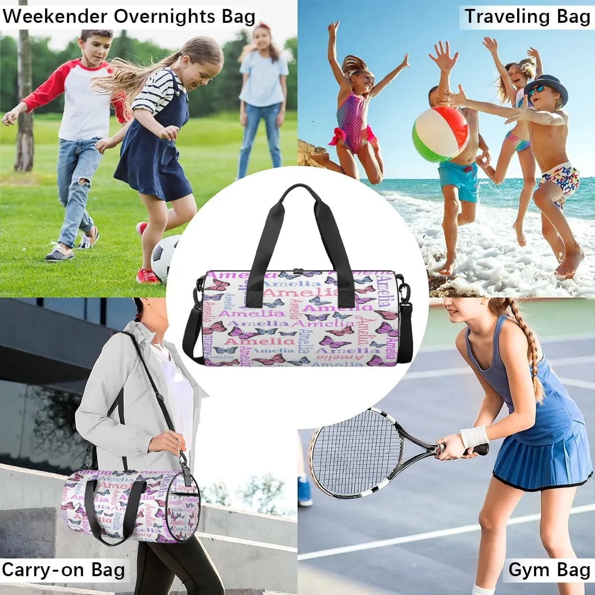 Personalized Dance Bag Duffle Bag for Girl, Custom Gym Bag Gymnastics Sport Travel Bag Weekender Bags with Adjustable Butter Glitter White