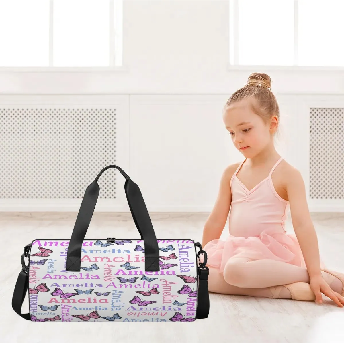 Personalized Dance Bag Duffle Bag for Girl, Custom Gym Bag Gymnastics Sport Travel Bag Weekender Bags with Adjustable Butter Glitter White